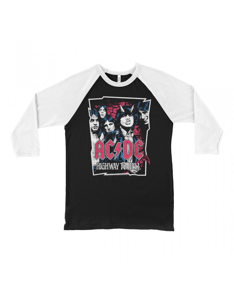 AC/DC 3/4 Sleeve Baseball Tee | Highway To Hell Pink Design Distressed Shirt $9.58 Shirts