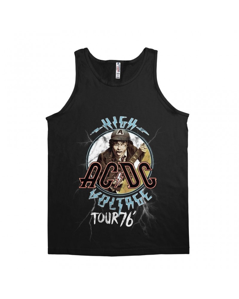 AC/DC Unisex Tank Top | High Voltage '76 Tour Angus Young Image Distressed Shirt $9.48 Shirts